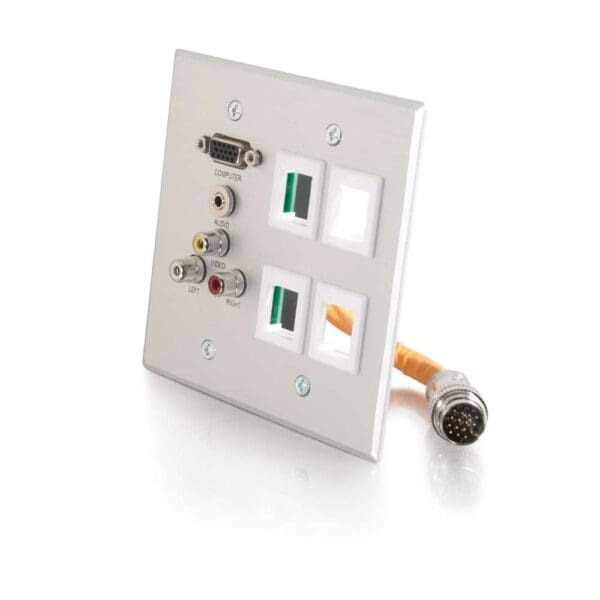 Here's an alt tag for the image: Wall plate with audio/video jacks.