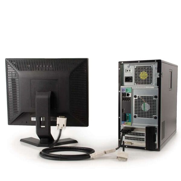Computer tower connected to monitor.
