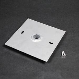 Here's an alt tag for the image: Silver mounting plate with nut and screws.