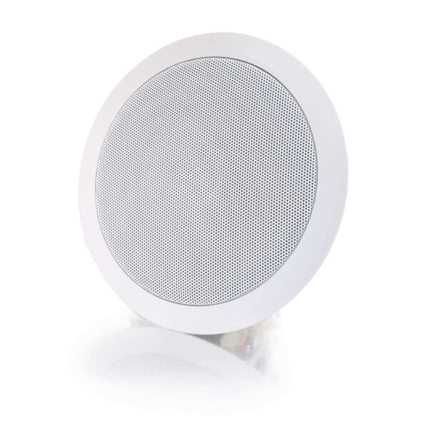 White ceiling speaker, round design.