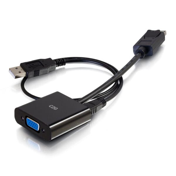 Black USB to VGA adapter cable.