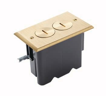 Here's an alt tag for the image: Brass double receptacle floor outlet.