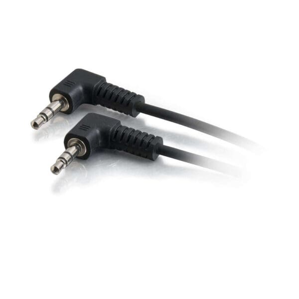 Here's an alt tag for the image: Two black right-angle audio cables.
