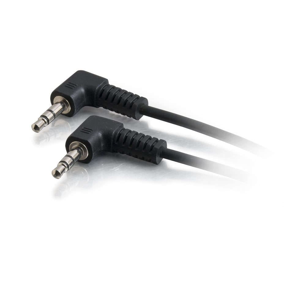 Here's an alt tag for the image: Two black right-angle audio cables.