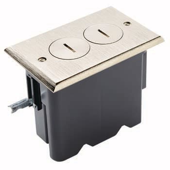 Here's an alt tag for the image: `Dual receptacle floor outlet, brushed nickel`