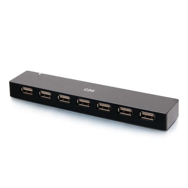 Black USB hub with seven ports.