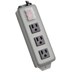 Gray three-outlet power strip with switch.