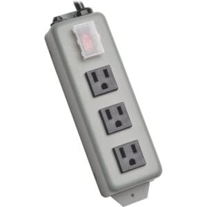 Gray three-outlet power strip with switch.