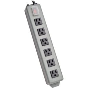 Gray six-outlet power strip with switch.