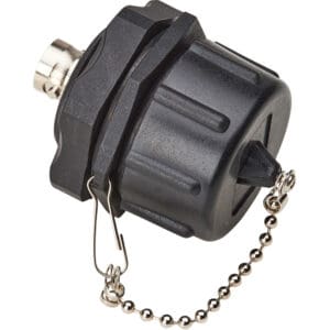 Black connector dust cap with chain.
