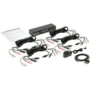 Triple-head KVM switch with cables and power supply.