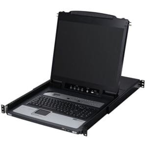 Black console keyboard and monitor.