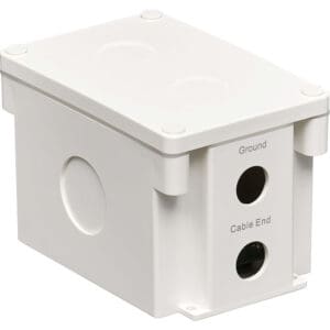 White plastic cable ground box.