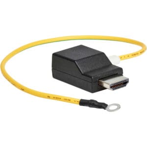Black HDMI connector with yellow wire.