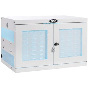 White Tripp Lite server cabinet with doors.