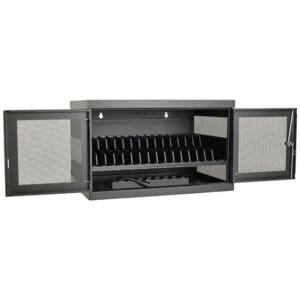 Black metal device charging cabinet.