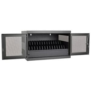 Gray metal charging cabinet with multiple slots.