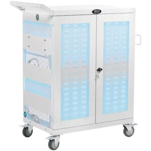 White mobile charging cabinet with blue light.