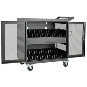 Charging cart with multiple device slots.