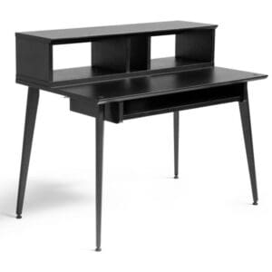 Black writing desk with shelf.