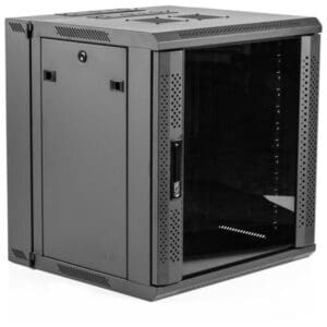 Black network server cabinet with glass door.