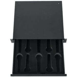 Black rack mount drawer with twelve slots.