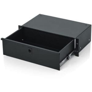Black metal rackmount drawer open.