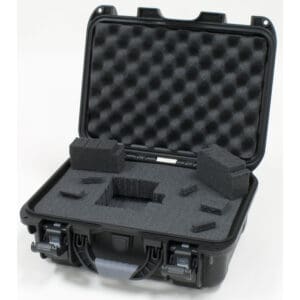 Open black hard case with foam inserts.