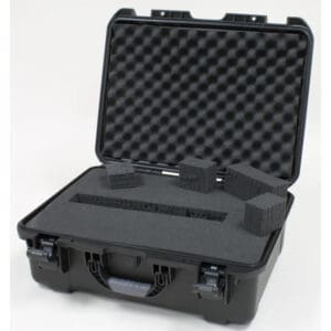 Black hard case with foam inserts.