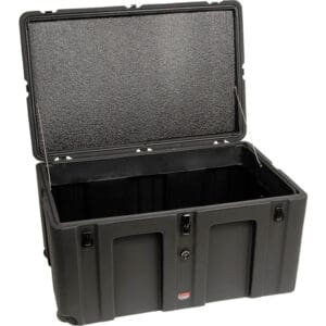 Black plastic storage trunk open, foam interior.