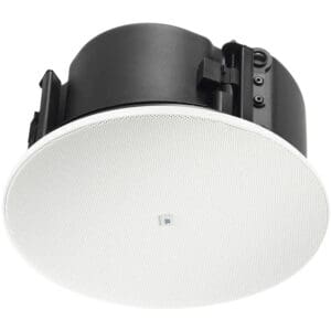 White ceiling speaker with black housing.