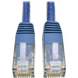 Here's an alt tag for the image: Two blue Ethernet cables.