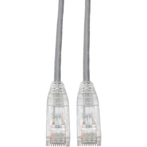 Here's an alt tag for the image: Two gray Ethernet cables.