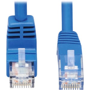 Here's an alt tag for the image: Blue Ethernet cable connectors.