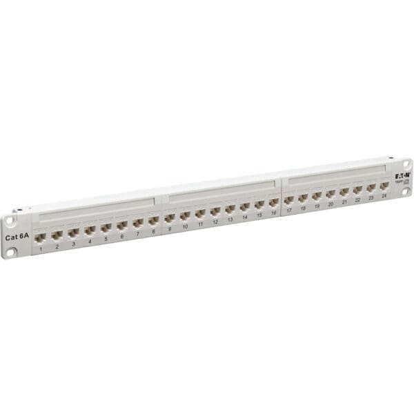 Cat6a Feed-Through Patch Panel 24-Port 4PPoE Compliant 1U RJ45 White TAA