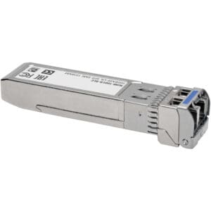 Silver 10GBase-LR SFP+ transceiver module.