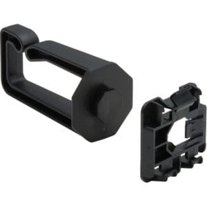 Black plastic cable management clips.