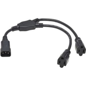 Black power cord splitter, C5 to 2xNEMA 5-15P.