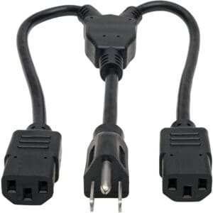 Black power cord splitter, two outlets.