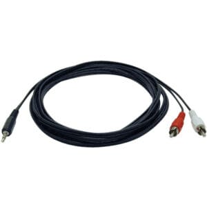Black audio cable with RCA and mini-plug.