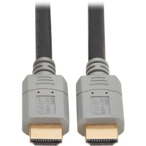 Here's an 8-word alt tag for the image: Two gray Tripp Lite HDMI cables.