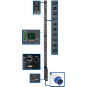 Twelve-outlet power strip with monitor.