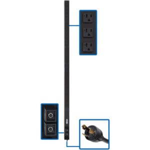 Black power strip with multiple outlets.
