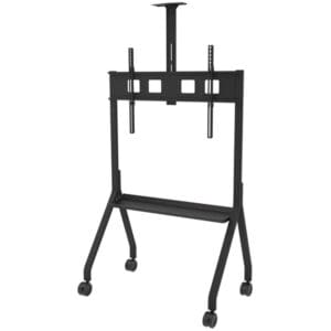 Black mobile TV stand with shelf.