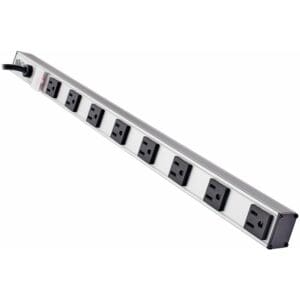 Silver power strip with eight outlets.