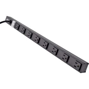 Black power strip with eight outlets.