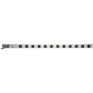 Here's an alt tag for the image: Silver 12-outlet power strip.