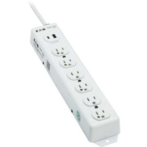 White six-outlet surge protector with USB.