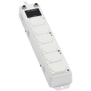 White six-outlet power strip with monitor.