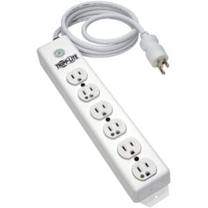 White Tripp-Lite 6-outlet surge protector.